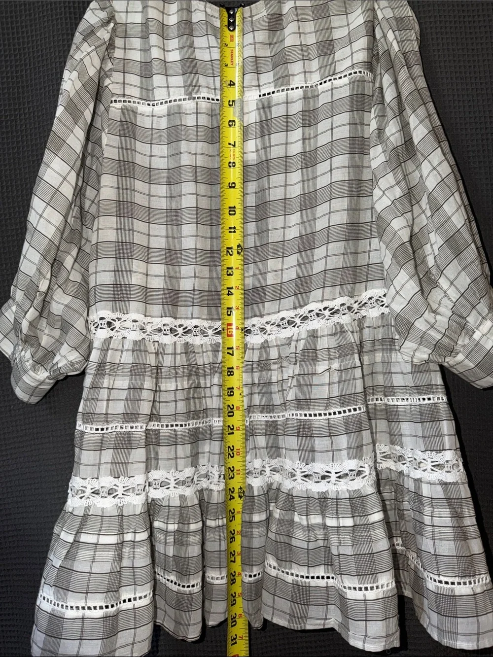 Free People NWT Gray Plaid Lace Trim Dress 100% Cotton